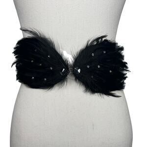 Vintage 90s Size Medium Large Black Feather Rhinestone Belt Wide Stretch Cinch